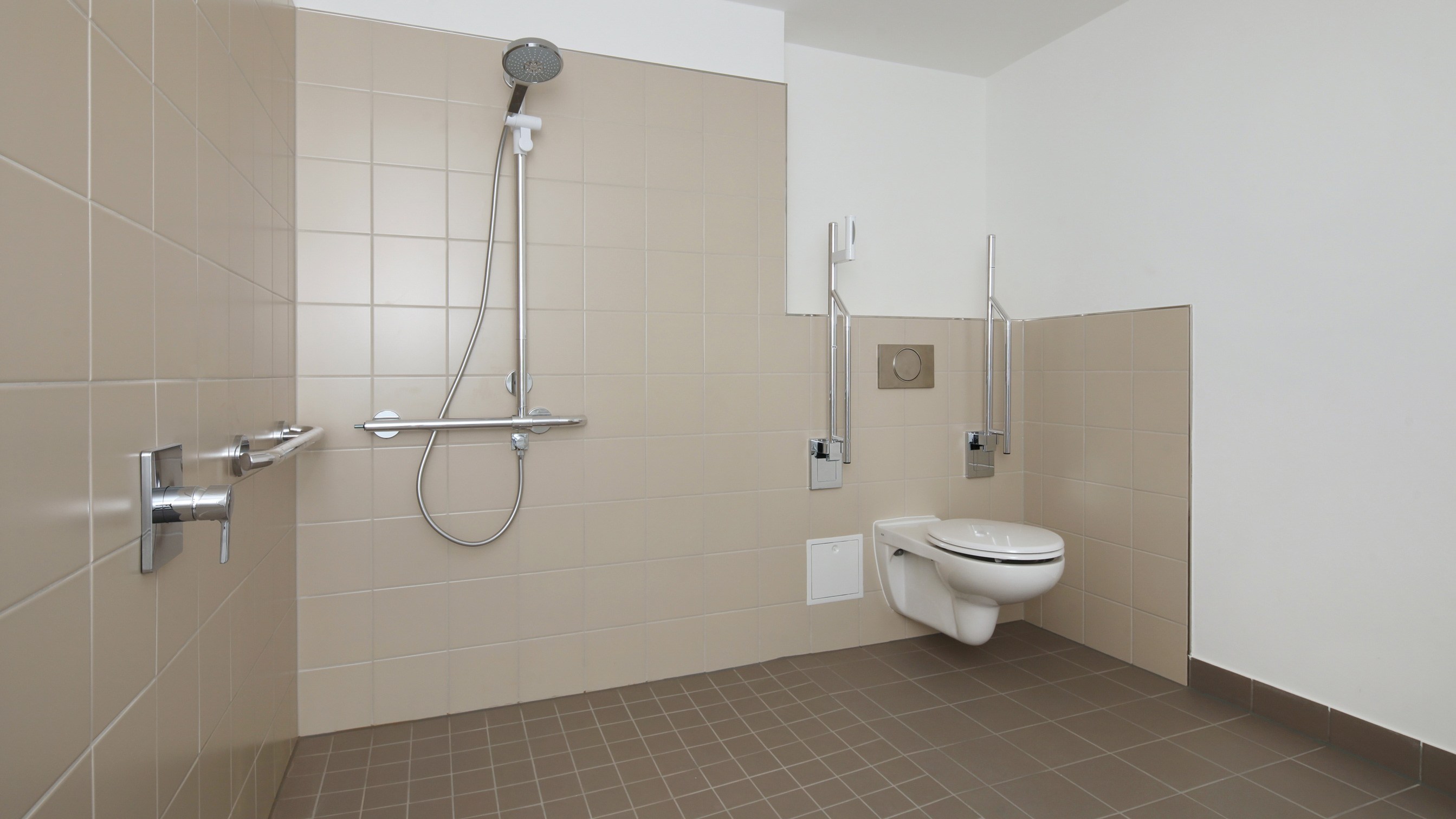 Ein barrierefreies Badezimmer mit ebenerdig zugänglicher Dusche und Behindertentoilette